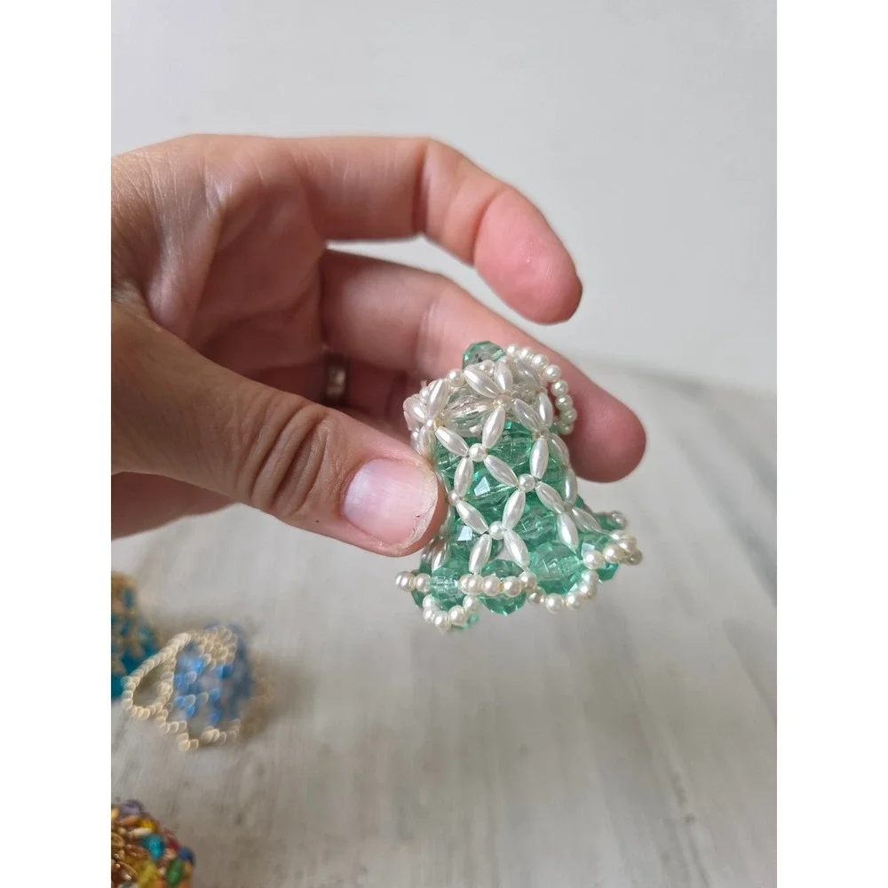 Vintage beaded Bell ornament blue rainbow green pearl Xmas tree set